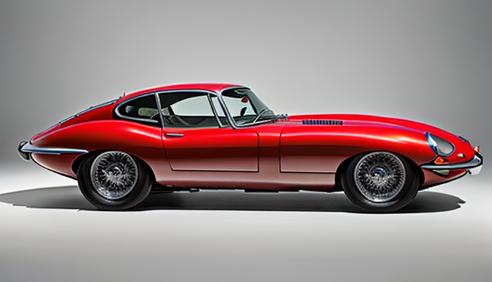 "image of the car in the title ""Jaguar E-Type: The Graceful Feline of British Sports Cars""" in Photorealism style